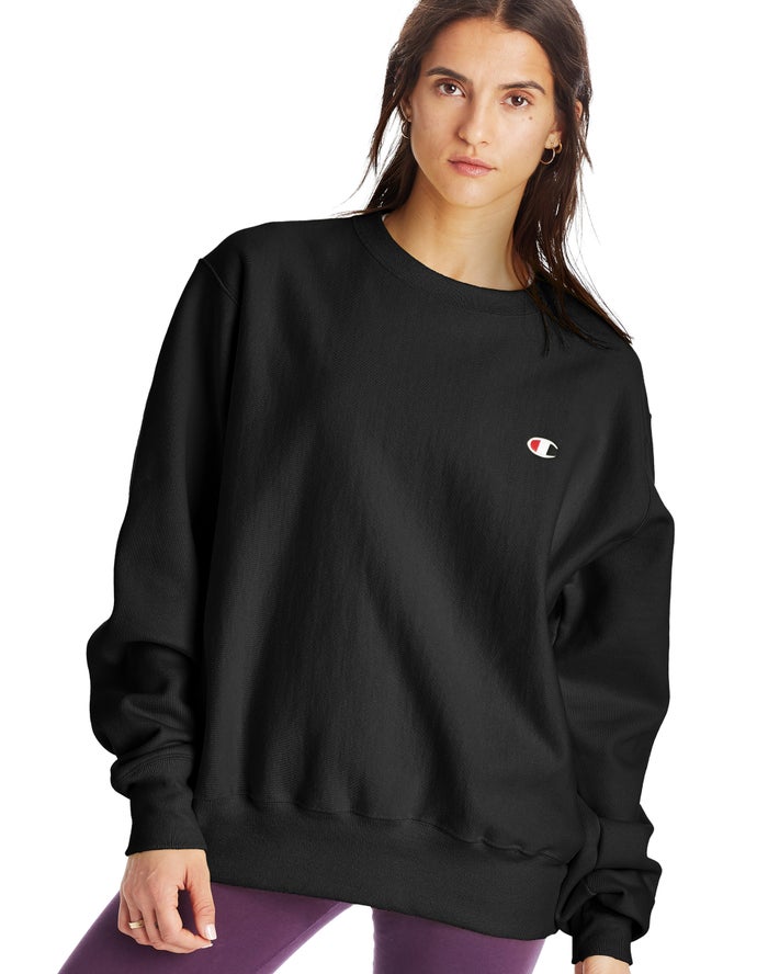 Champion Womens Sweatshirt NZ - Reverse Weave Boyfriend Crew Black ( 9430-SBDKY )